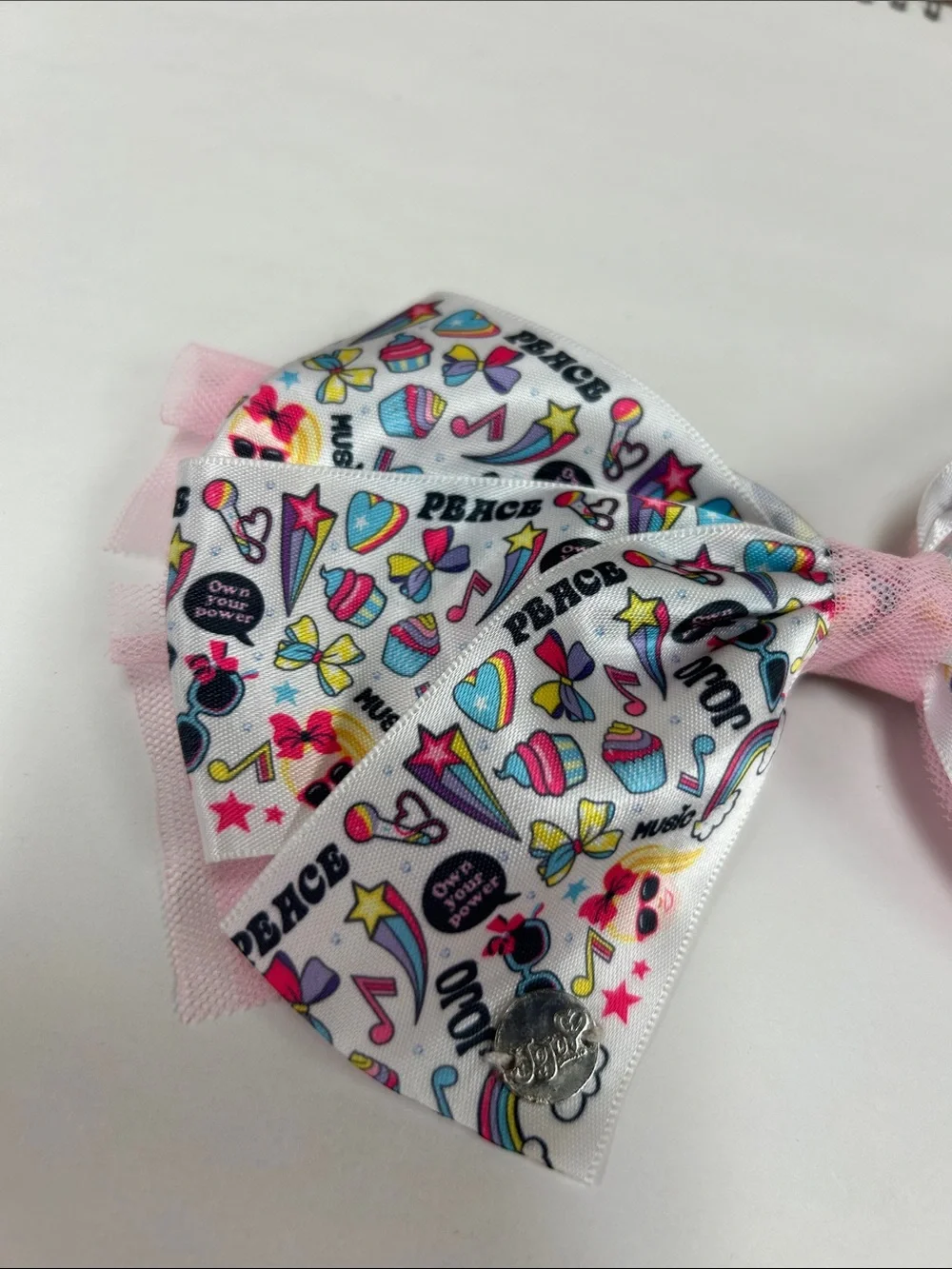 JoJo Siwa White Hair Bow with Pink Accents and Multicolor Icons